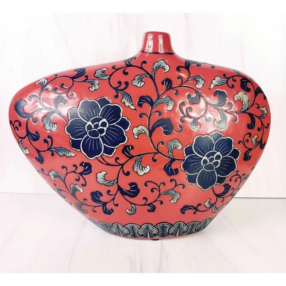 VINTAGE Lopsided Navy,  Gray & Red Floral Abstract Slim Ceramic Vase